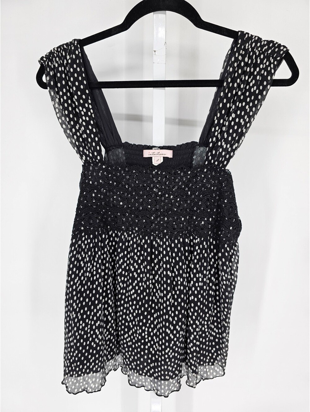 Vtg Intuitions Womens Sz L Babydoll Blouse Black White Polka Dot